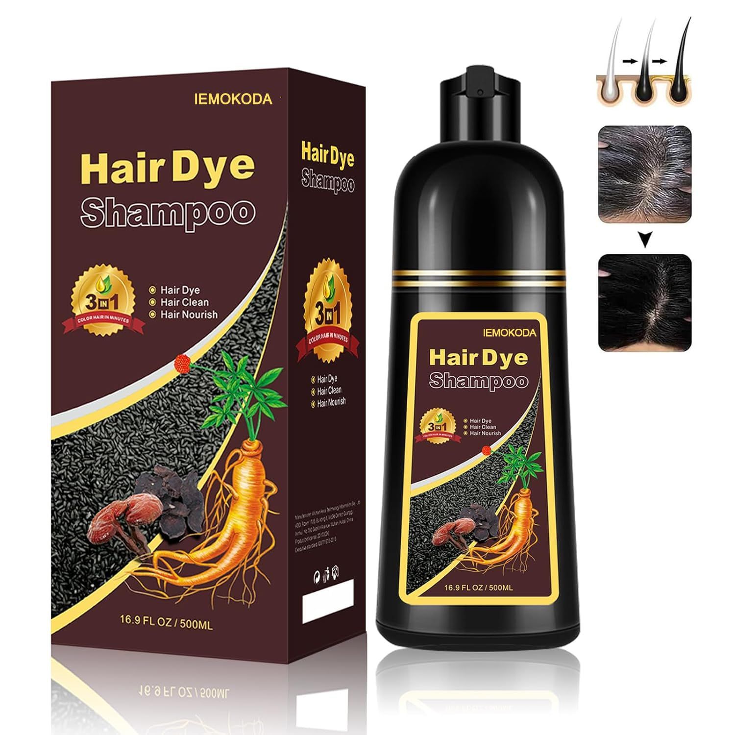 Fvquhvo Instant Black Hair Shampoo Hair Color Shampoo for Gray Hair, 16.9 Fl Oz, Natural long lasting Black Hair Dye Shampoo 3 in 1 for Men Women, Black Shampoo Easy to Use at Home