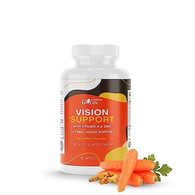 Go Essential Life Eye Care Vision Support Supplement Eye Vitamins with Zinc, Vitamin A, Bilberry, Turmeric, Grape Seed Extract, and Lutein 20mg for Sight Care and Eye Health 60 Capsules