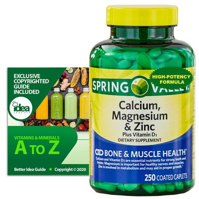 Calcium, Magnesium and Zinc Plus Vitamin D3 Coated Caplets, 250 Ct High-Potency Formula, Bone Muscle Support Bundle with Exclusive Vitamins Minerals A to Z - Better Idea Guide