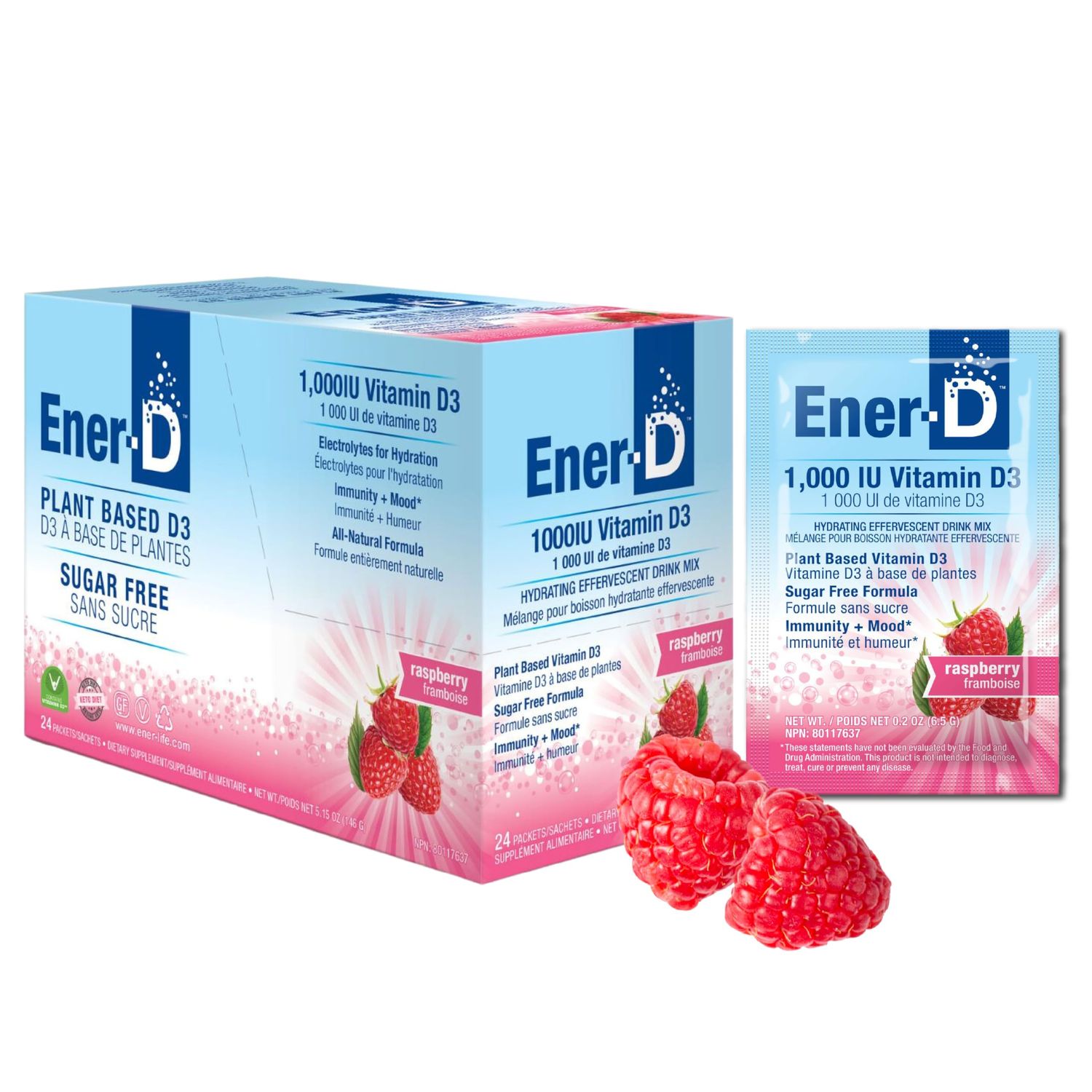 Ener-D Raspberry Multivitamin Drink Powder - Sugar Free Vitamin D3 - Immune Energy Support - for Men Women - Zinc, Vitamin B C, Electrolytes - Vegan, Non-GMO Real Fruit Juice - 24 Servings
