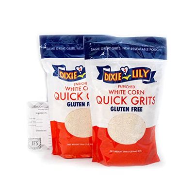 Dixie Lily White Grits Bundle - 2 x 20 oz Bags of White Dixie Lily Grits, Dixie Lily Grits White, Enriched White Corn Grits, Bundled with a JFS Recipe Card