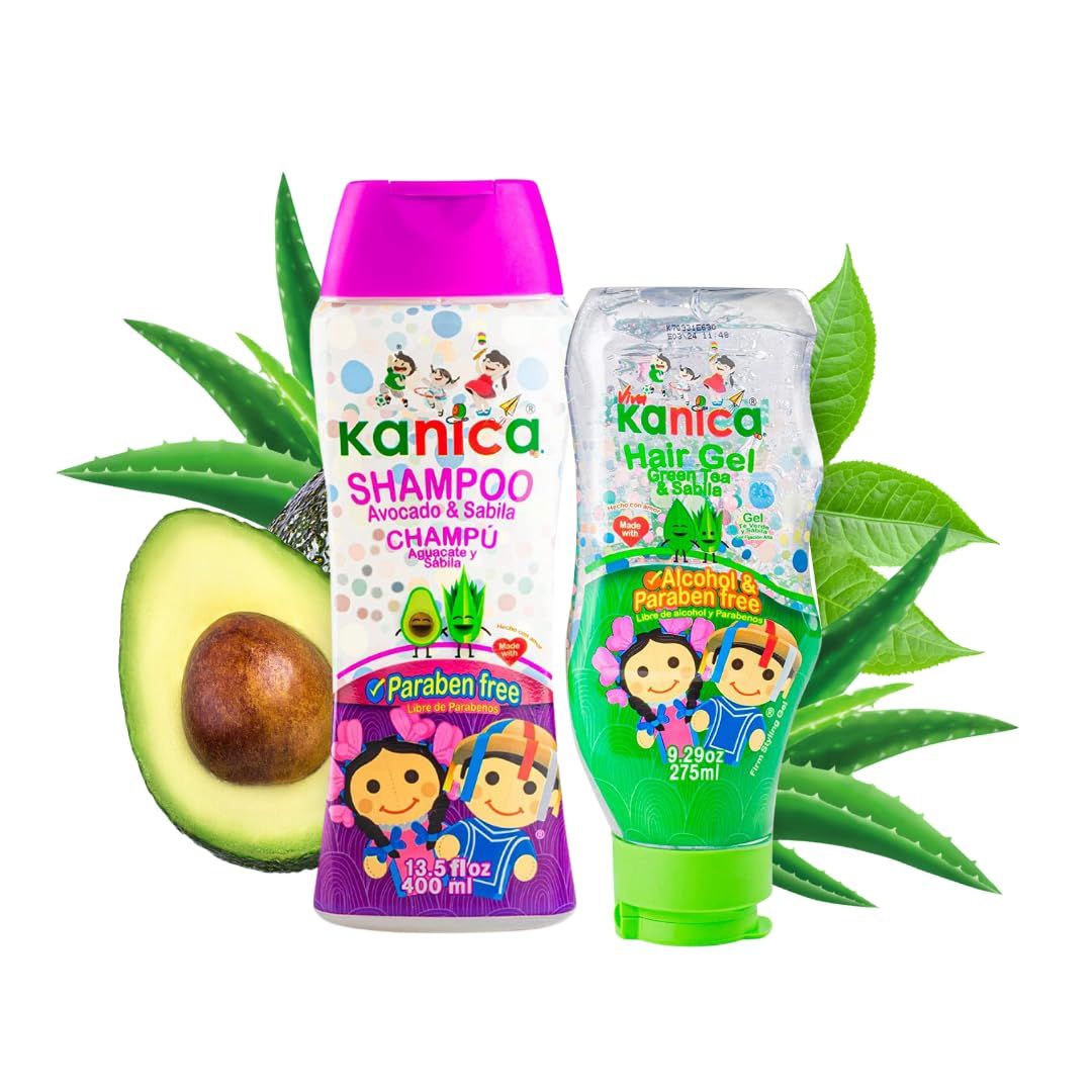 Kanica Aloe Vera Avocado Hair Care Kit - 13.5oz Shampoo 9.29oz Alcohol-Free Gel - Nourishing Products for Kids All Hair Types - Paraben Cruelty Free Harsh Chemical-Free
