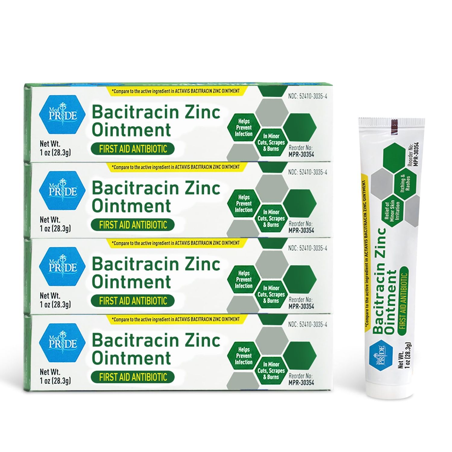 MED PRIDE Bacitracin with Zinc Antibiotic Ointment 4 Pack of 1 Oz Tubes, First Aid for Skin Irritations, Cuts, Burns, Diaper Rash, Dermatitis, Eczema