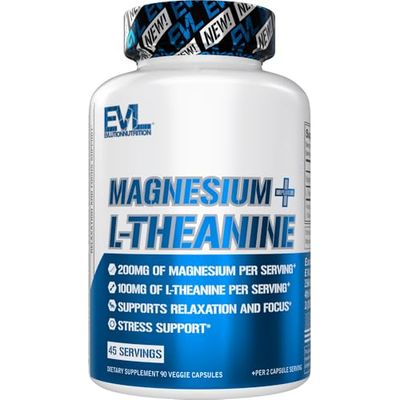 Evlution Nutrition Magnesium L-Theanine - Natural Relaxation Focus Support - 200mg Magnesium 100mg L-Theanine - Vegan Non-GMO - Dietary Supplement - 45 Servings - 90 Veggie Capsules