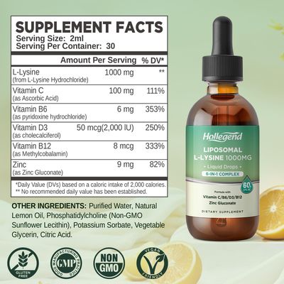 Liposomal L-lysine 1000MG Liquid Drops, Lysine Supplement for Women Kids with Vitamin C, B6, D3, B12 Zinc Gluconate, Skin Lip Health, Immune Collagen Production Support, Lemon Flavor, 2 fl oz