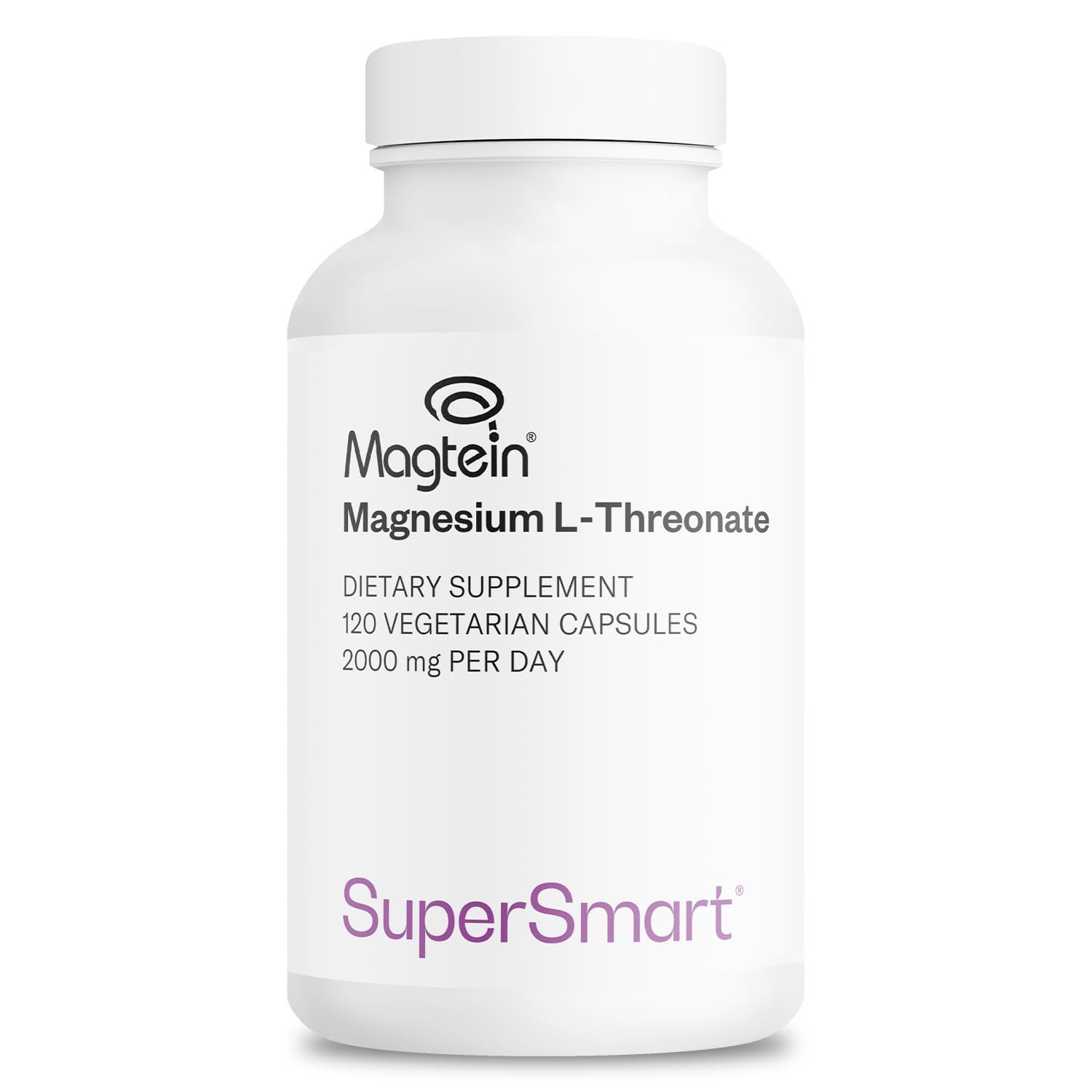 Supersmart - Magnesium L-Threonate 2000mg per Day (Magtein) - Patented Highly Bioavailable Magnesium Threonate - Memory, Brain Health Attention Non-GMO Gluten Free - 120 Vegetarian Capsules