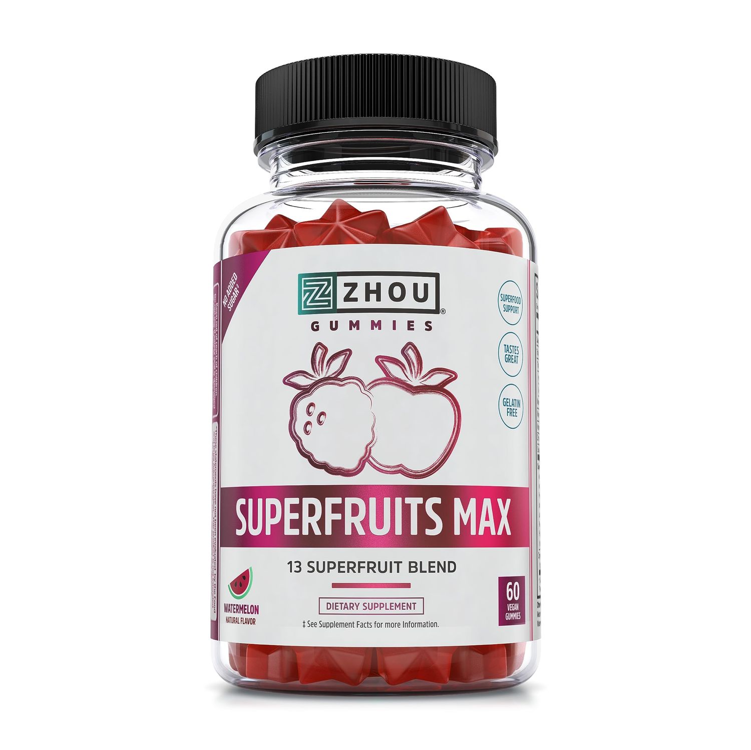 Zhou Nutrition Superfruit Multivitamin Gummies, 13 Natural Superfruits, Rich in Vitamin A, C, E, Zinc Gummies, Superfood Supplement, Immunity, Digestion Energy, No Added Sugar, 60 Vegan Gummies