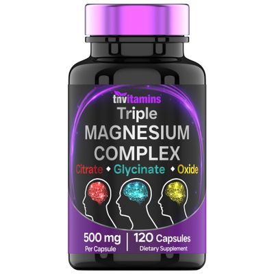 Triple Magnesium Complex Supplement 500mg: Magnesium Glycinate, Citrate, Oxide - 120 Capsules (4 Month Supply!) 1 Capsule Serving Provides 125 Daily Value Non-GMO, Made in The USA!