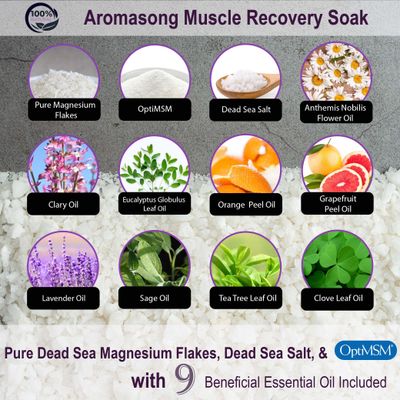 Aromasong Muscle Recovery Bath Soak with Dead Sea Salt, OptiMSM, Magnesium Flakes Essential Oils for Post Workout Soreness - Made in USA - 14 oz. Bag Bath Salt for Pain Relief.