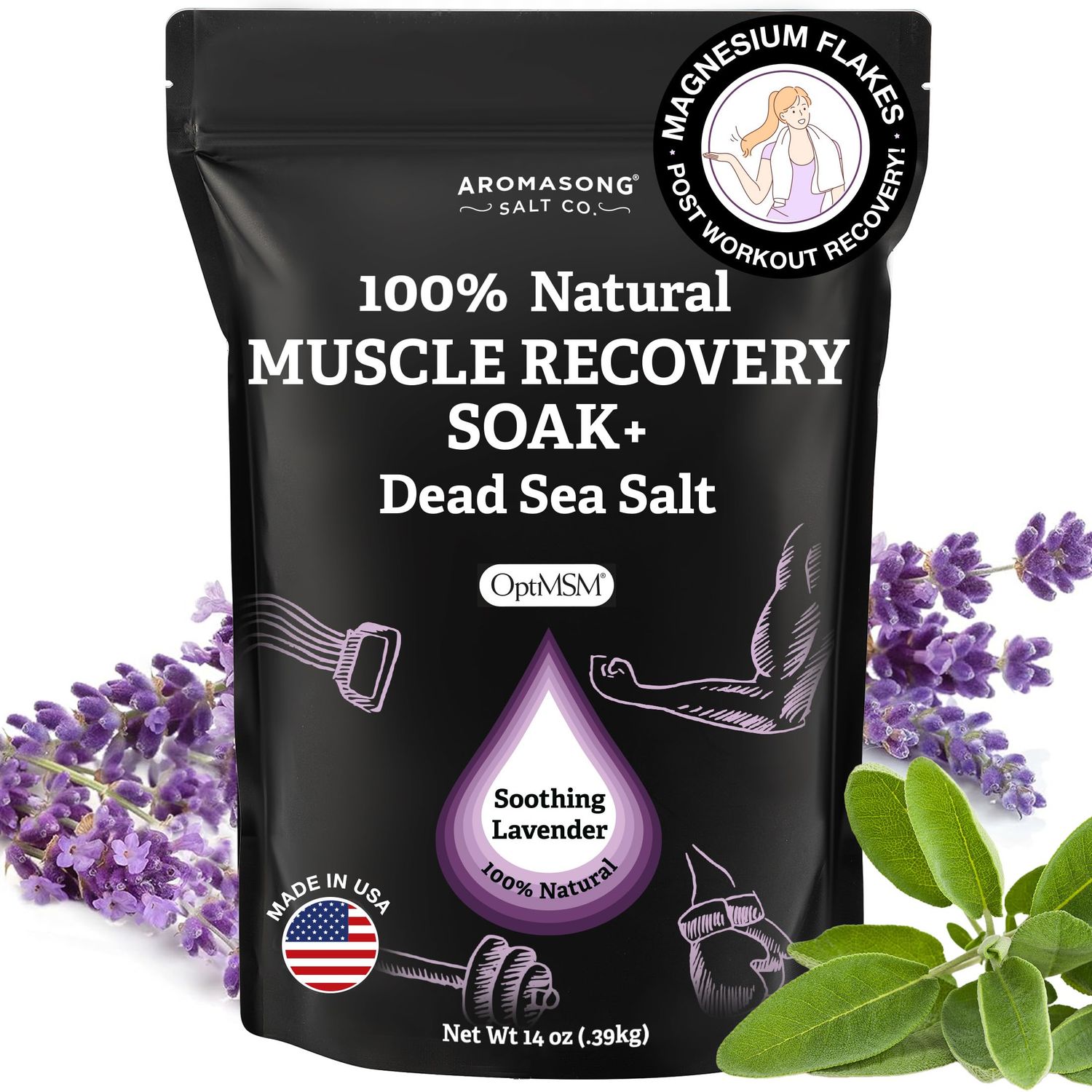 Aromasong Muscle Recovery Bath Soak with Dead Sea Salt, OptiMSM, Magnesium Flakes Essential Oils for Post Workout Soreness - Made in USA - 14 oz. Bag Bath Salt for Pain Relief.