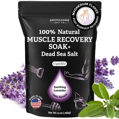 Aromasong Muscle Recovery Bath Soak with Dead Sea Salt, OptiMSM, Magnesium Flakes Essential Oils for Post Workout Soreness - Made in USA - 14 oz. Bag Bath Salt for Pain Relief.