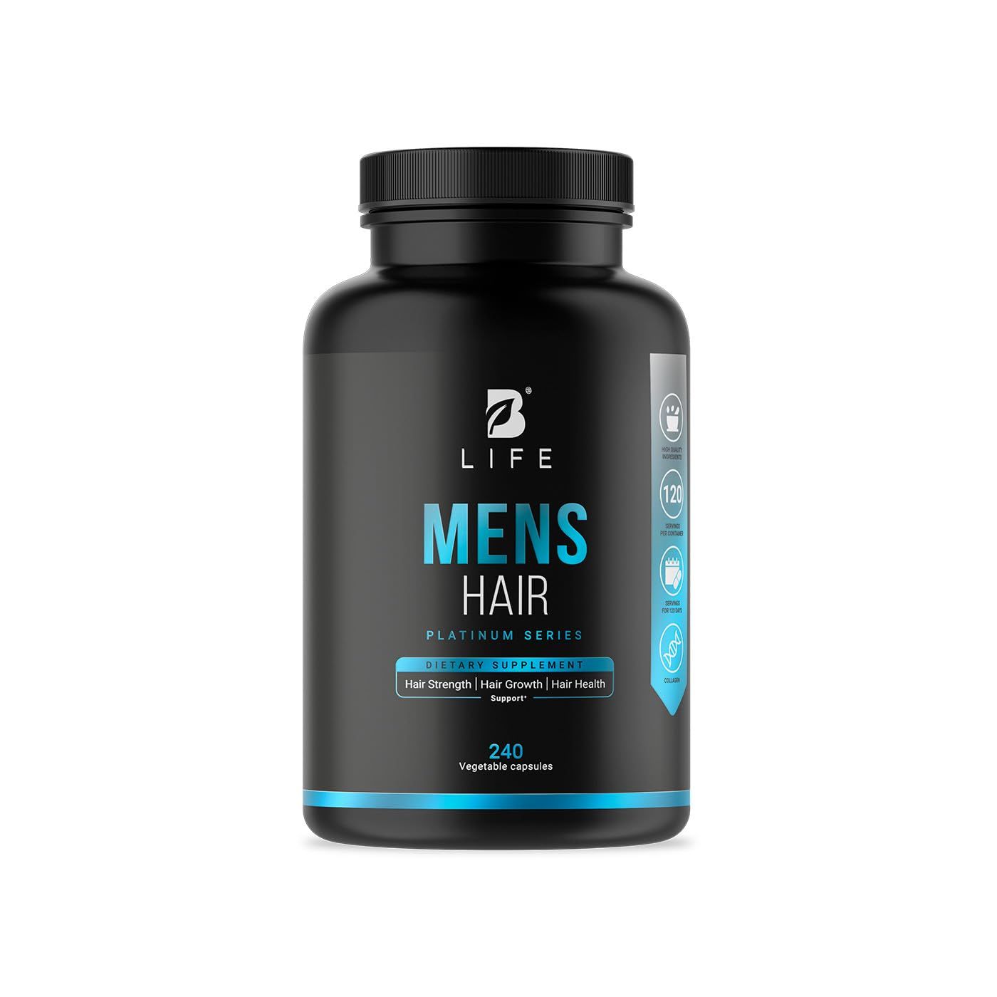 Men&#39;s Hair Supplement with Biotin, Selenium, Zinc, Collagen, Vitamins A, C, E, B5 and D3 240 Caps - 120 Days Hair Growth and Strength Made in USA by B Life.
