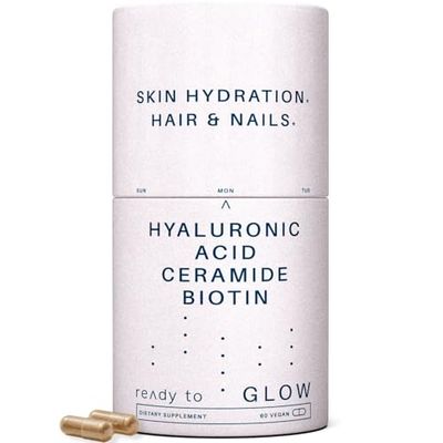 Ready To Glow Anti Aging Supplement - Hyabest Hyaluronic Acid, Ceramide, 5000 mcg Biotin, Vitamin A, C, E, Zinc - Hair Skin Nails Vitamins for Women Men - Wrinkles Skin Hydration - 60 Capsules