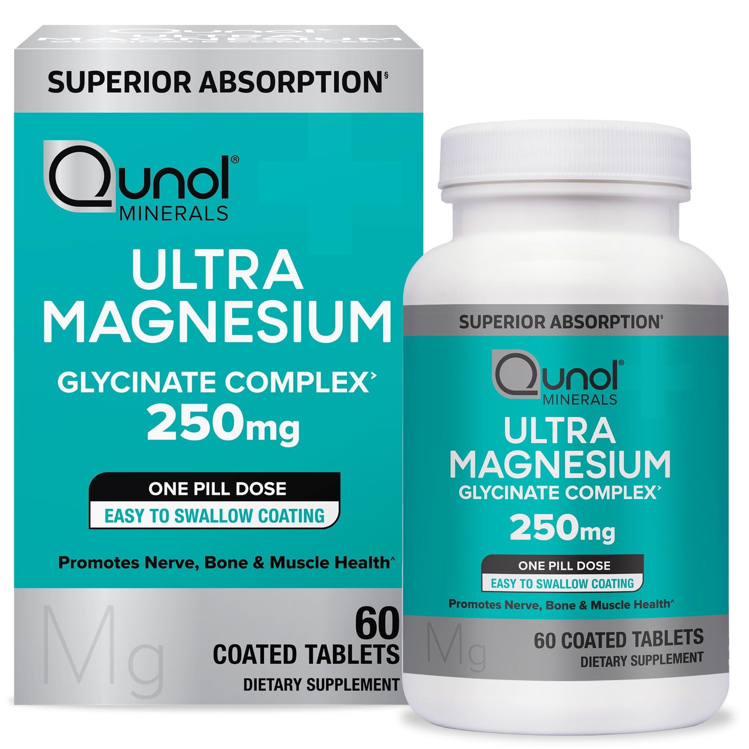Qunol Magnesium Glycinate Complex, Gentle on Stomach, 250mg One Pill Dose, Superior-Absorption Magnesium, Nerve, Bone and Muscle Health Supplement, 60 Count (Pack of 1)
