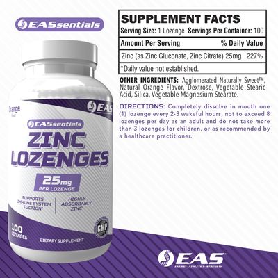 EAS Zinc Lozenges Highly Absorbable with No Fillers or Additives Supports Immune Function Gluten Free, Non GMO 100 Lozenges (Orange Flavor)