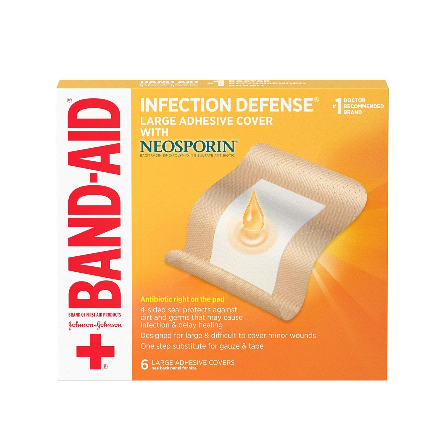 Band-Aid Brand Infection Defense Adhesive Wound Covers with Neosporin Antibiotic Ointment On The Pad for First Aid Wound Care, Bacitracin Zinc Polymyxin B Sulfate, Sterile, Large, 6 ct