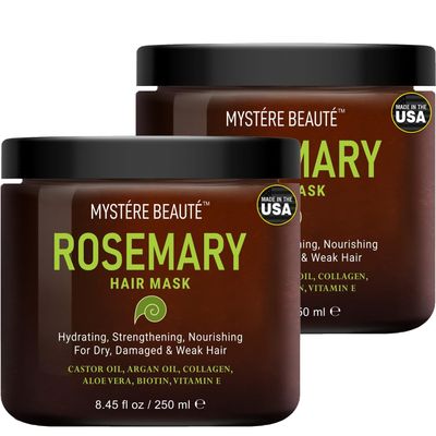 MYST RE BEAUT Rosemary Deep Conditioning Hair Mask for Dry Damaged Hair and Growth with Collagen Argan Oil - Rosemary Oil Leave in Conditioner aceite de romero puro y natural 8.5 fl oz x 2 Pack