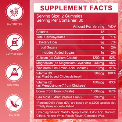 Calcium Citrate 1200mg Gummies with Vitamin D3, K2 - Chewable Calcium Magnesium Zinc d3 Supplement with Sea Moss Extract for Bone, Teeth, Immune Support for Women Men, Peach Flavor-60 Gummies(2Pack)