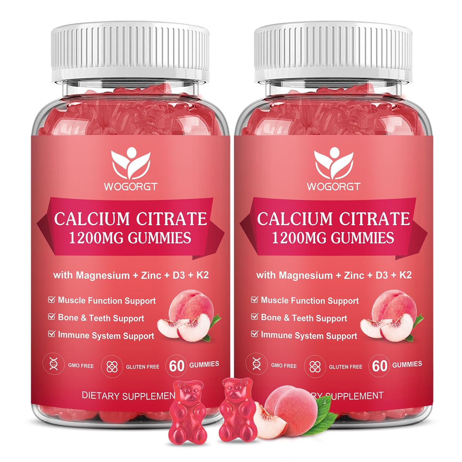 Calcium Citrate 1200mg Gummies with Vitamin D3, K2 - Chewable Calcium Magnesium Zinc d3 Supplement with Sea Moss Extract for Bone, Teeth, Immune Support for Women Men, Peach Flavor-60 Gummies(2Pack)