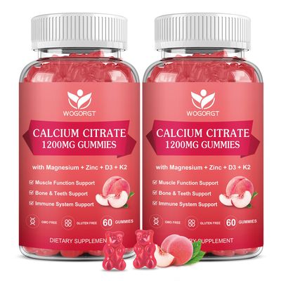 Calcium Citrate 1200mg Gummies with Vitamin D3, K2 - Chewable Calcium Magnesium Zinc d3 Supplement with Sea Moss Extract for Bone, Teeth, Immune Support for Women Men, Peach Flavor-60 Gummies(2Pack)
