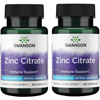 Swanson Zinc Citrate - Mineral Supplement Promoting Healthy Vision Immune System Health - Natural Formula Supporting Overall Wellness - (60 Capsules, 50mg Each) (2 Pack)