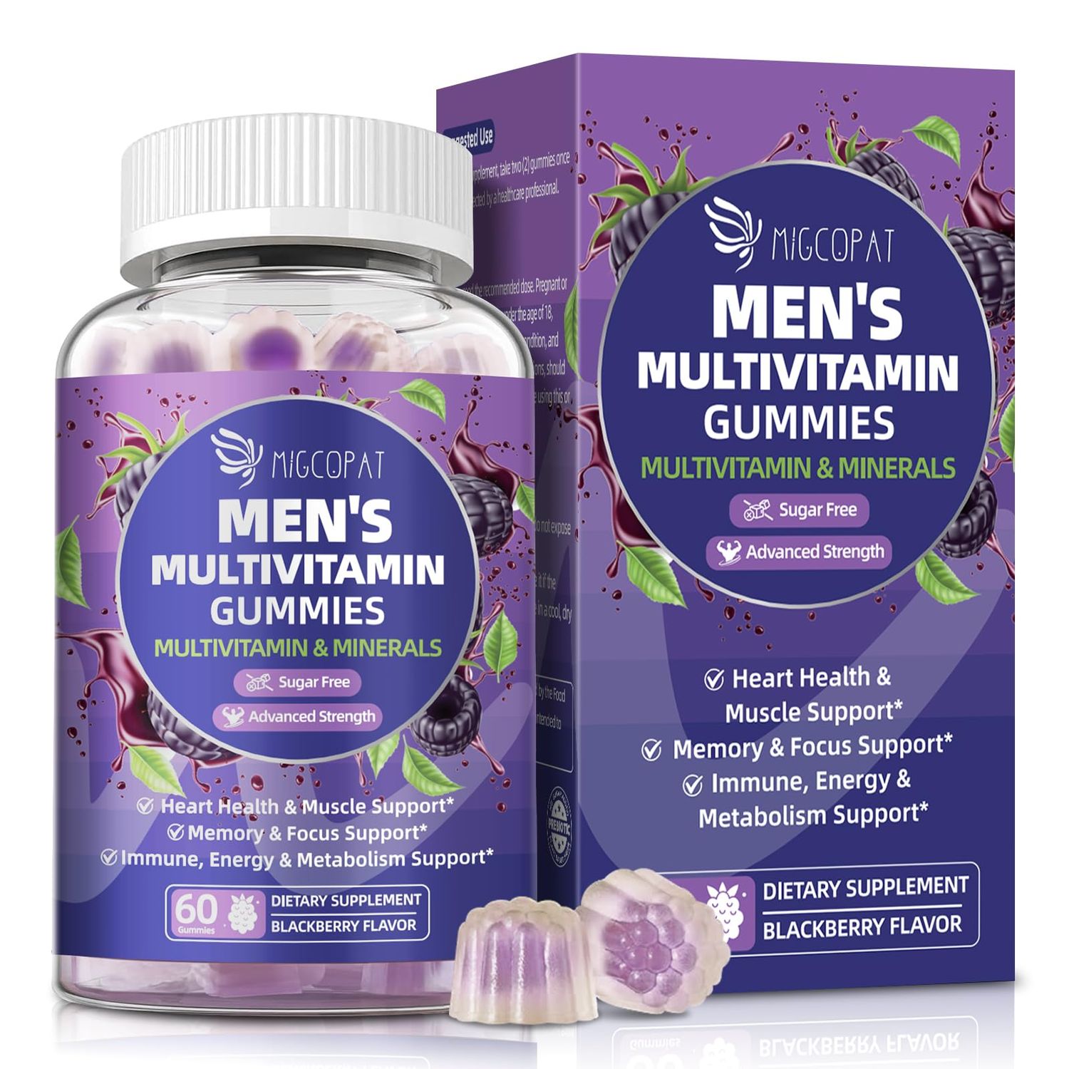 Multivitamin for Men, Mens Multivitamins Gummies wOmega-3, Probiotics, Inositol, Folate, Biotin, Zinc, Vitamins A, C, D, E, B, - Support Heart, Brain, Muscle, Energy, Sugar-Free, Blackberry Flavor
