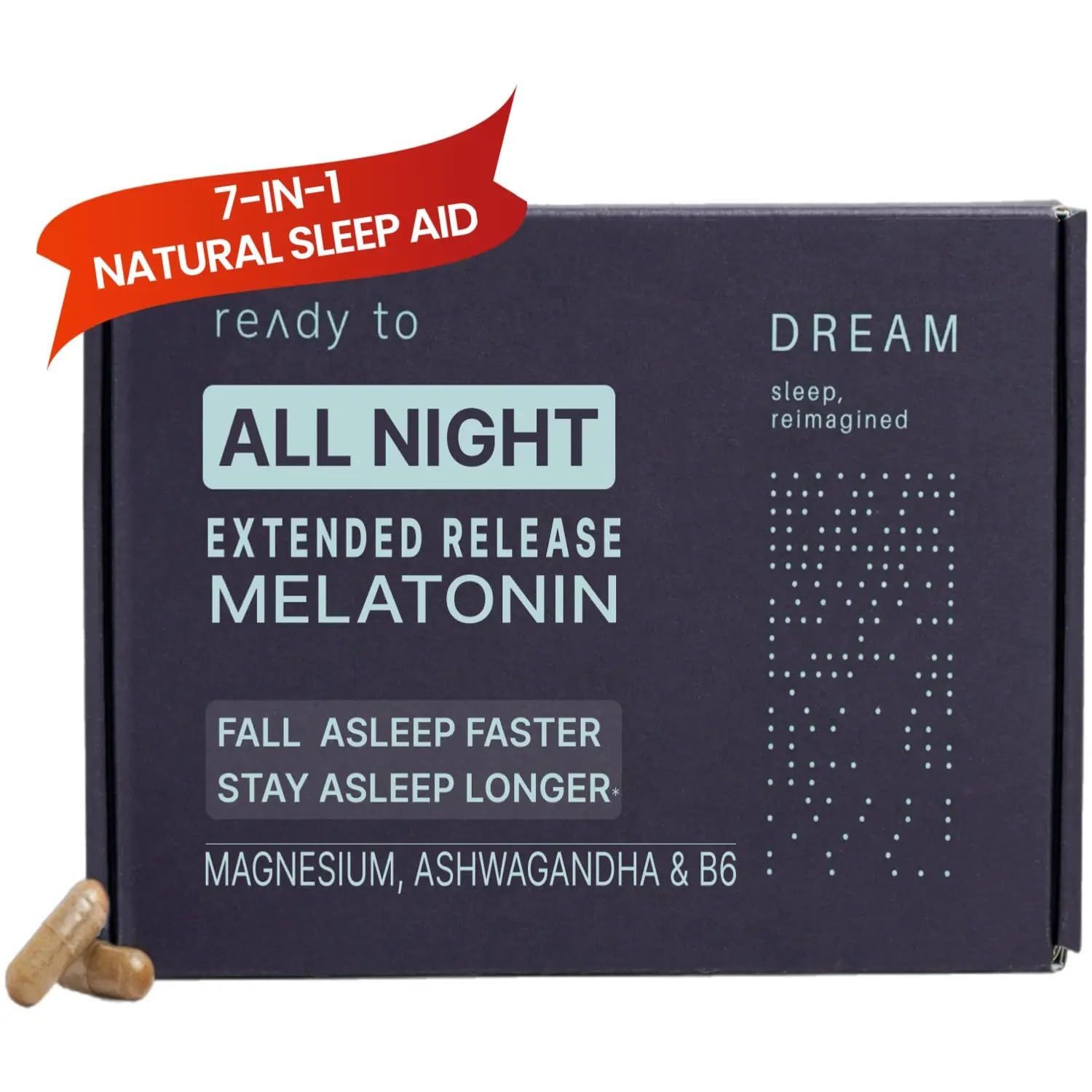 Ready To Dream Natural Sleep Aid for Adults - Sleep Supplement with Time Release Melatonin, Magnesium, Ashwagandha, B6 Chamomile - Non-Habit Forming Sleep Vitamins - 60 Capsules