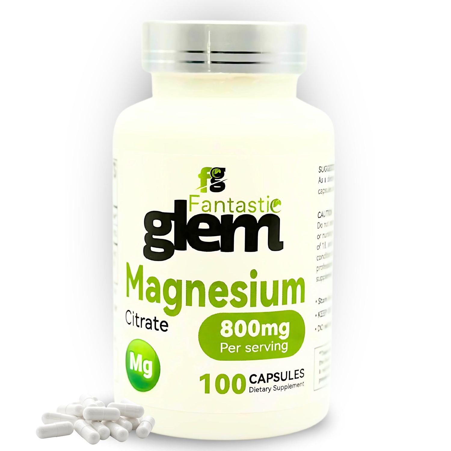 Fantastic Glem Magnesium Citrate Capsules- Dietary Supplement to Support Bone Health, Muscle Function and Relaxation, High Absorption Magnesium Supplement - GMO, Soy and Gluten Free- 100 Count, 800mg