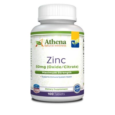 Athena - Zinc Supplement Tablets 50mg - OxideCitrate - 100 Coated Tablets