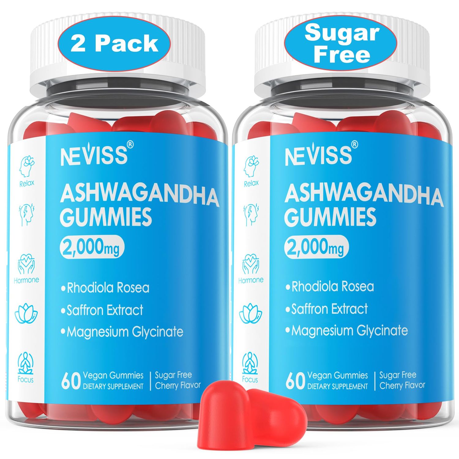 NEVISS Ashwagandha Gummies, Magnesium Glycinate Gummies 200mg for Adults, Vitamin B6, Zinc, Rhodiola Rosea, Lemon Balm, Relaxation Support, Natural Zzz, Brain, Muscle, Stamina, Energy, Sugar Free