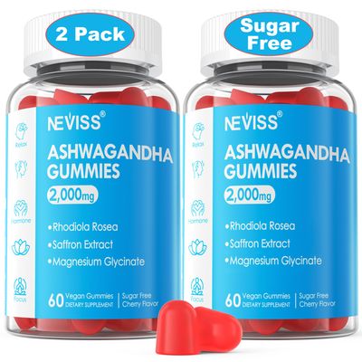NEVISS Ashwagandha Gummies, Magnesium Glycinate Gummies 200mg for Adults, Vitamin B6, Zinc, Rhodiola Rosea, Lemon Balm, Relaxation Support, Natural Zzz, Brain, Muscle, Stamina, Energy, Sugar Free