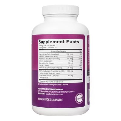 LIVELY VITAMIN CO. Elderberry Boom - Boosts Immune Function - Prevents Colds Sickness - Elderberry, Zinc, Calcium, Magnesium, Vitamin C - 180 Vegetarian Capsules