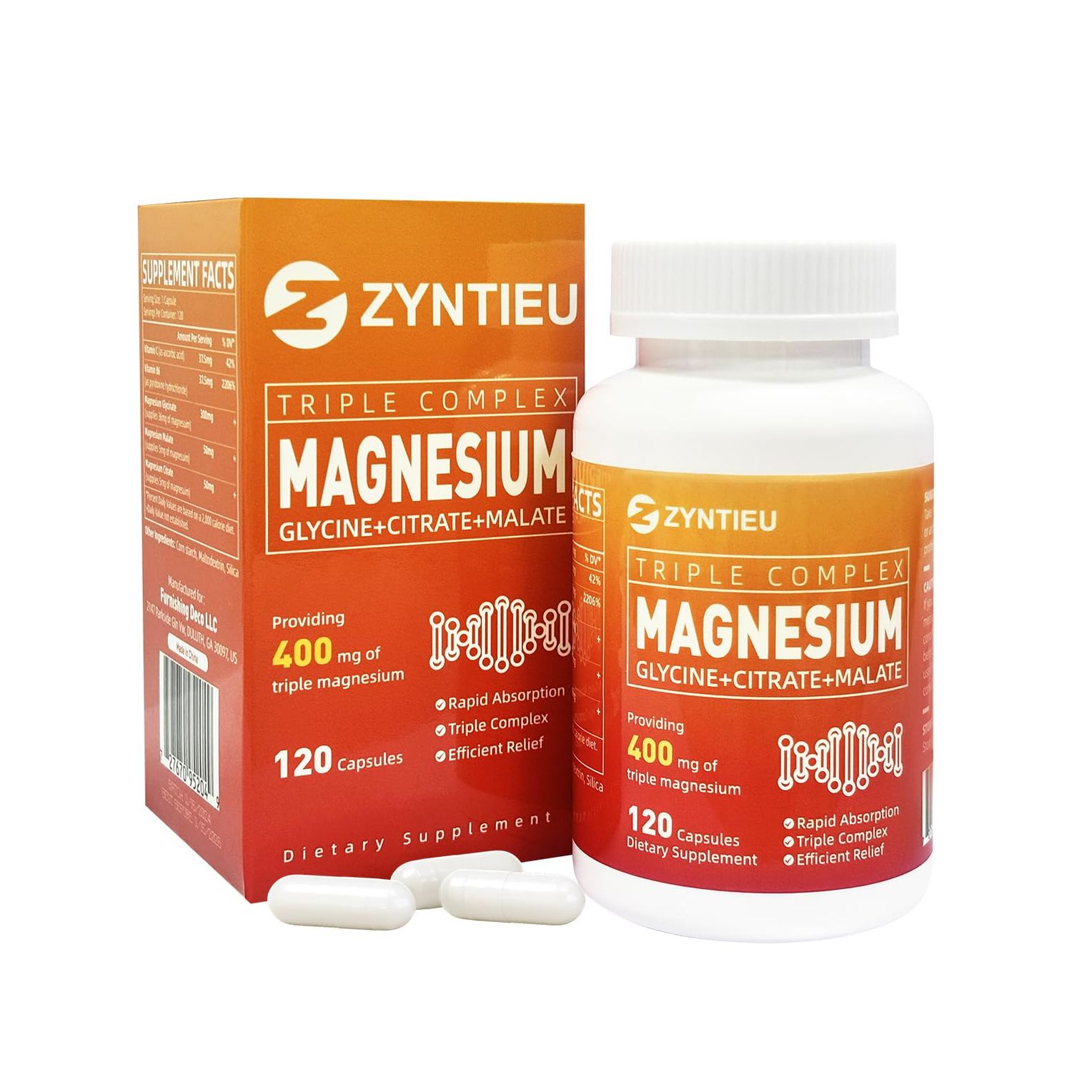 Triple Magnesium Complex 400mg of Magnesium Glycinate, Malate Citrate for Muscles, Nerves Energy with Vitamin C,B6 for High Absorption for Women Men(120 Capsules)
