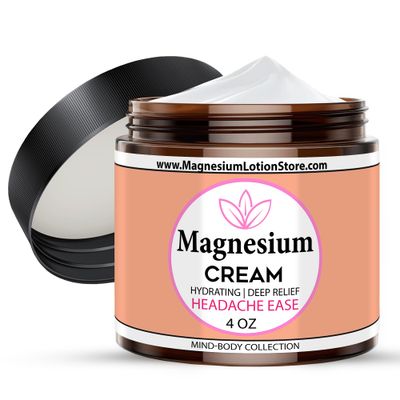 Magnesium Cream for Headache, Migraines, Muscle Soreness, Cramps Relief with Shea Butter, Coconut Oil, Aloe, Vitamin E - Magnesium Cream for Calm Relaxation - Peperminty Scent - 4fl oz - USA Made