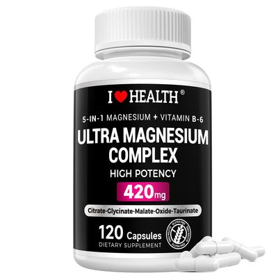 Magnesium Complex Supplement 420mg- 30mg Vitamin B6-5 in 1 Ultra Absorption Magnesium Glycinate, Oxide, Malate, Taurate Citrate - Vegan Non-GMO Mag120 Capsules for Sleep, Muscle, Energy Heart