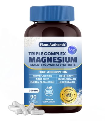 FKMS Authentic Triple Magnesium Complex Supplement 300mg 3 in 1, Magnesium Glycinate, Malate, and Citrate Vegan, Non-GMO High Absorption 90 Capsules