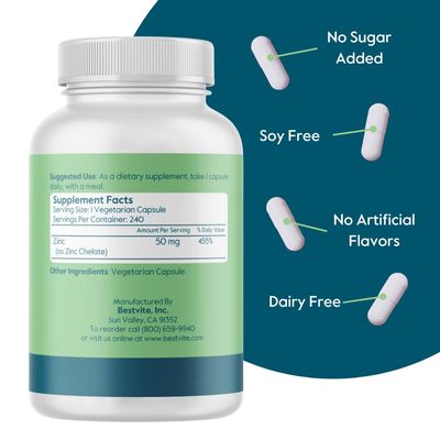 BESTVITE Zinc Chelate 50mg (240 Vegetarian Capsules) - No Stearates - No Dicalcium Phosphate - Vegan - Non GMO - Gluten Free