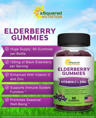 aSquared Nutrition Sambucus Elderberry Gummies with Zinc and Vitamin C - Chewable Gummy Supplement Alternative to Capsules Pills - Black Elderberries wVIT C for Adults Immune Support - 90 Gummies