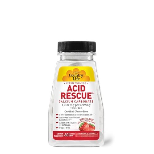 Country Life Acid Rescue Chewable Tablets - Certified Vegan Gluten-Free Heartburn Relief, 400mg Calcium Magnesium, Non-GMO, Sugar-Free Berry Flavor, Supports Bone Health, 60 Count