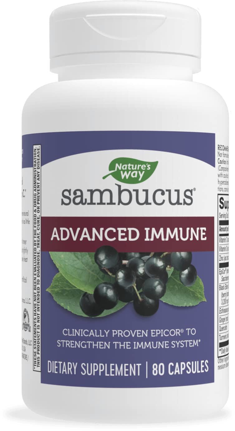 Nature&#39;s Way Sambucus Advanced Immune Capsules with Black Elderberry, Vitamin C, Vitamin D, Echinacea and Zinc, Immune System Support with EpiCor, 80 Capsules