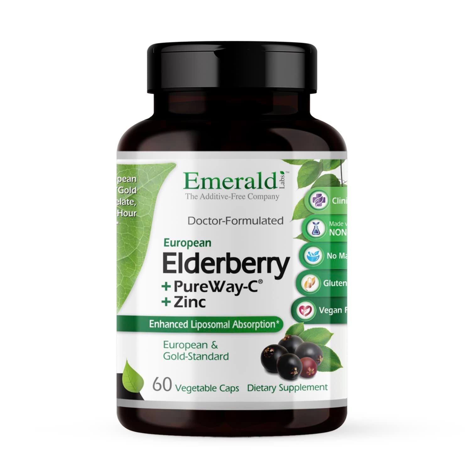 EMERALD LABS Elderberry Plus - Digestive Immune Support with European Elderberry Extract, Vitamin C as PureWay-C Albion Chelated Zinc - Vegan Gluten-Free - 60 Vegetable Capsules (30-Day Supply)