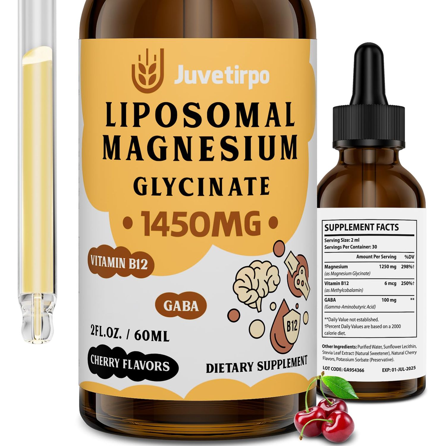 Magnesium Glycinate Liquid Drops - Liposomal Chelate with Cherry Flavor for Easy Absorption, Promotes Sleep, Mood, Intestinal Bone Health, Reduces Stress - 60ML (2.04 Fl Oz (Pack of 1))