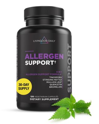 Livingood Daily Allergen Support, 120 Vegetarian Capsules - Supports Natural Allergy Relief with Vitamin C, Quercetin, Nettle Leaf, Zinc, Tinospora - Non-GMO Vegan Natural Antihistamine Supplement