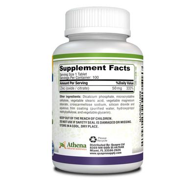 Athena - Zinc Supplement Tablets 50mg - OxideCitrate - 100 Coated Tablets
