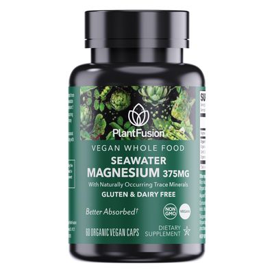 PlantFusion Vegan Magnesium Complex 375mg from Sea Water, Bioavailable Marine Magnesium with Fermented Organic Whole Food Blend, Non-GMO, Muscle Relaxation Support, 60 Cap