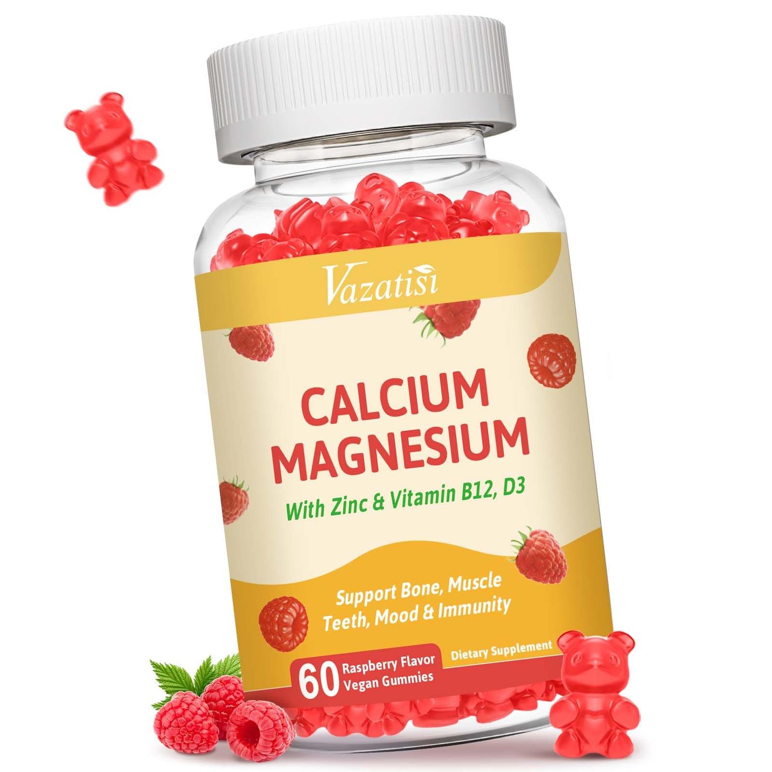 Calcium Gummies with Magnesium, Zinc, Vitamin D3 B12, Calcium Supplements for Women Men, Support Immunity, 60 Vegan Raspberry Flavor Gummies