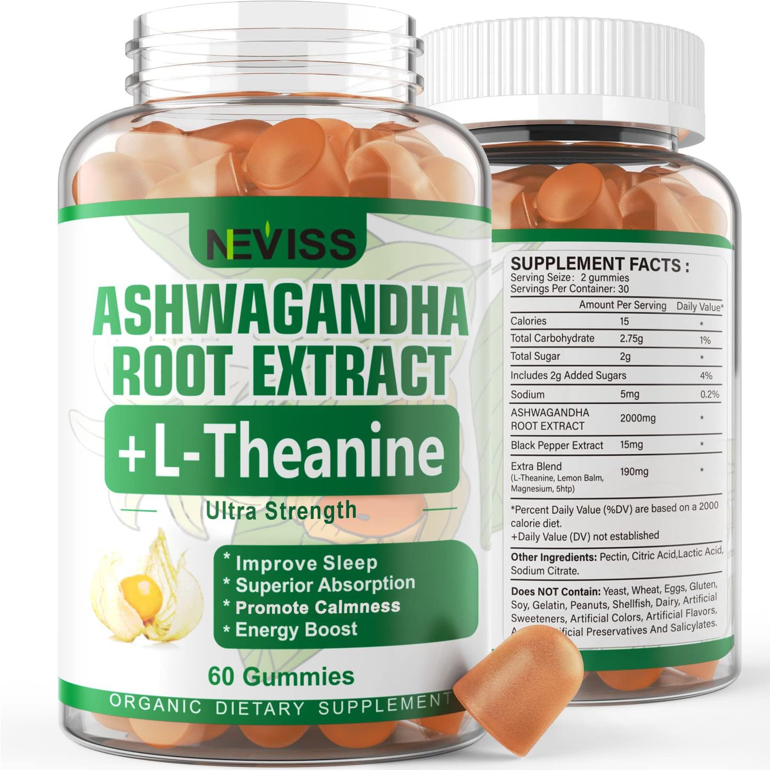 NEVISS Ashwagandha Gummies 2000mg, Feel Refreshed, Plus Proprietary Blend with 5-HTP, L-Theanine, Lemon Balm, Magnesium for Calm, Zzzs, Mood, Energy Relaxation Support (1 Pack (60 Countss))
