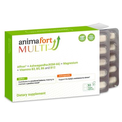 Ashwagandha KSM-66 Saffron Supplement Stress Relief, Mood Emotional Balance Vitamin B Magnesium Natural Pills for Mental Relaxation 30 Capsules AnimaFort Multi