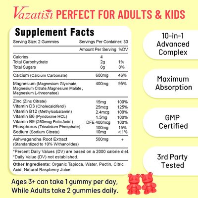 Calcium Gummies with Magnesium, Zinc, Vitamin D3 B12, Calcium Supplements for Women Men, Support Immunity, 60 Vegan Raspberry Flavor Gummies