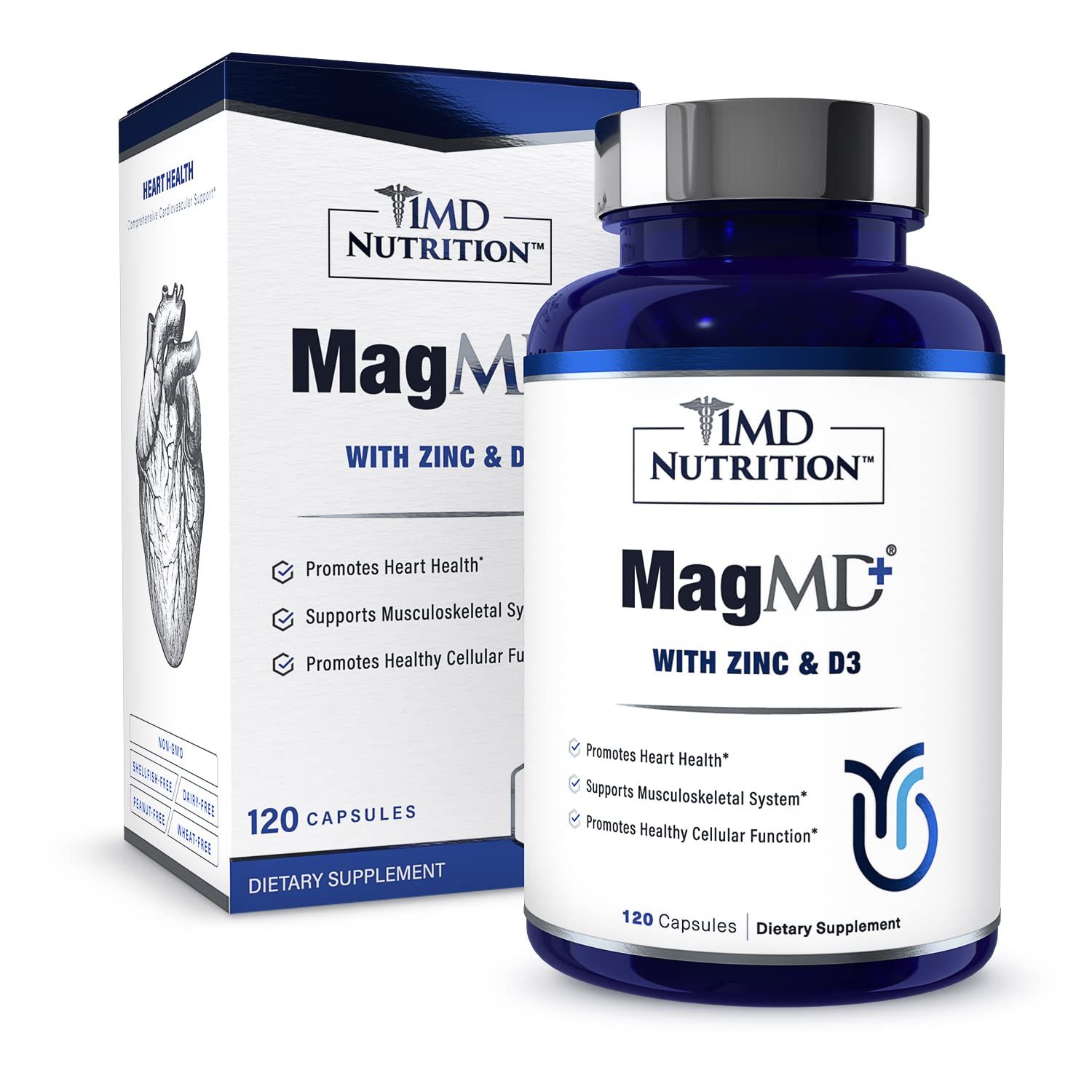 1MD Nutrition MagMD Plus - Magnesium with Zinc D3 Promotes Heart Health, Supports Bone Muscle Strength, and Aids Immune System - 120 Ct